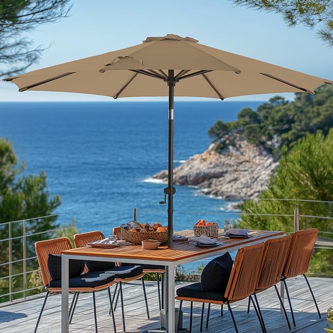 wikiwiki 10 FT Patio Umbrellas Outdoor Table Market Umbrella with Push Button Tilt/Crank, 8 Sturdy Ribs, Fade Resistant Waterproof POLYESTER DTY Canopy for Garden, Lawn, Deck, Backyard & Pool, Tan