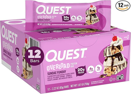 Quest Nutrition Overload Protein Bars, Sundae Funday, 20g Protein, 1g Sugar, 4g Net Carbs, Gluten Free, 12 Count