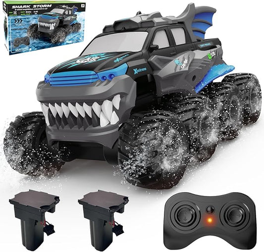 Amphibious Remote Control Car 8WD RC Monster Truck with 2 Rechargeable Batteries for Boys Age 8-12 Offroad Waterproof RC Pickup All Terrain RC Drift Cars Beach Pool Toys Gifts for Kids Blue