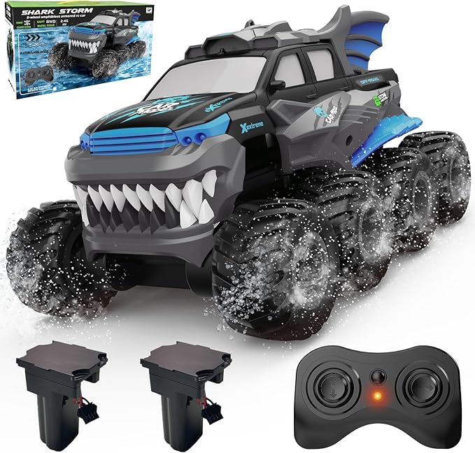 Amphibious Remote Control Car 8WD RC Monster Truck with 2 Rechargeable Batteries for Boys Age 8-12 Offroad Waterproof RC Pickup All Terrain RC Drift Cars Beach Pool Toys Gifts for Kids Blue