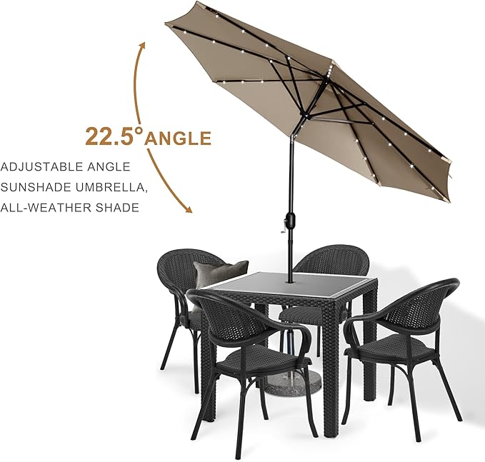 9FT LED Patio Umbrella, Solar Outdoor Umbrellas with LED Lights, Deck Umbrella with Push Button Tilt and Crank, UV Protection Waterproof for Pool, Porch, Garden, Deck, Backyard. (TAN)