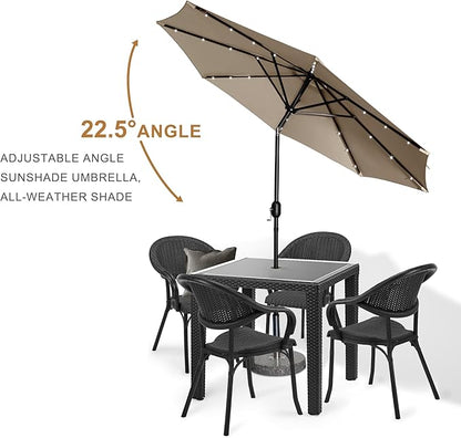 9FT LED Patio Umbrella, Solar Outdoor Umbrellas with LED Lights, Deck Umbrella with Push Button Tilt and Crank, UV Protection Waterproof for Pool, Porch, Garden, Deck, Backyard. (TAN)