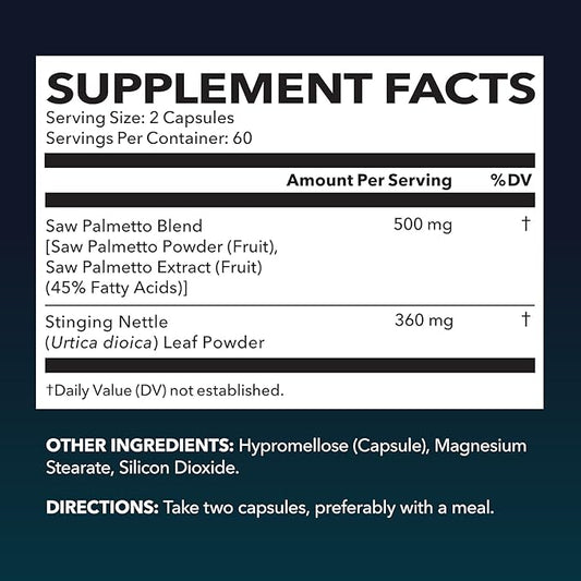 Saw Palmetto with Stinging Nettle Extract - 2X Formula Saw Palmetto Prostate Support Supplement for Men's Health - DHT Blocker for Men to Support Hair, Bladder and Prostate Health - 2 Month Supply