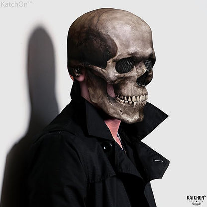 KatchOn Creepy Halloween Skull Mask Full Head with Movable Jaw - Realistic Latex Skull Mask Costume for Adults