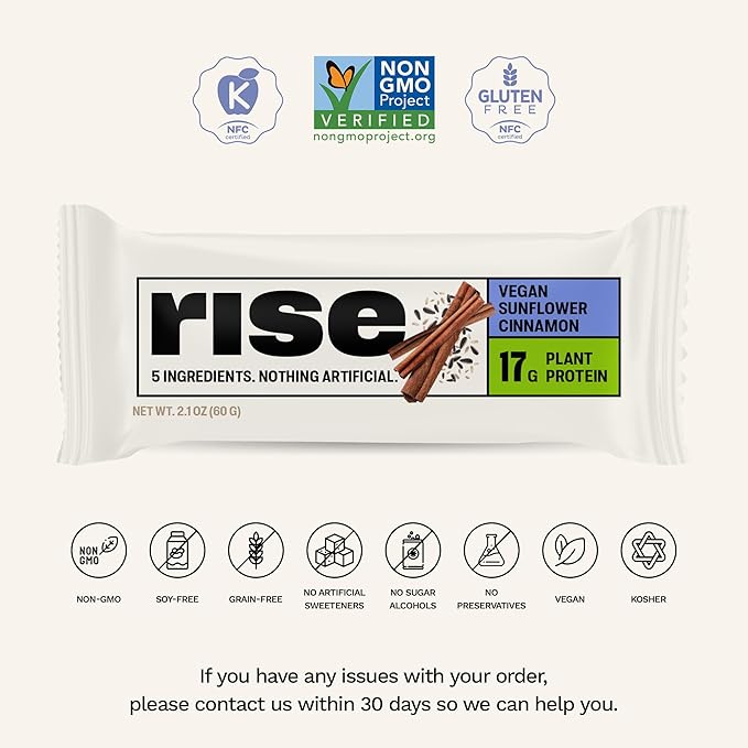 Rise Pea Protein Bar - Vegan Sunflower Cinnamon | Breakfast Bar & Protein Snack 17g Protein Just 5 Whole Food Ingredients Non-GMO Gluten-Free Soy Free