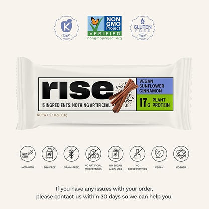 Rise Pea Protein Bar - Vegan Sunflower Cinnamon | Breakfast Bar & Protein Snack 17g Protein Just 5 Whole Food Ingredients Non-GMO Gluten-Free Soy Free