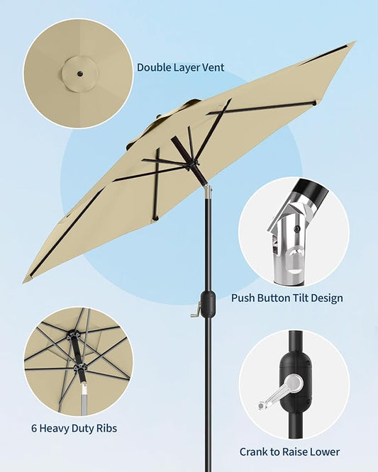 7.5FT Patio Umbrella Outdoor, Market Umbrella, Table Umbrella with Push Button Tilt and Crank, 6 Sturdy Ribs UV Protection Waterproof for Garden, Pool, Deck, Backyard (Beige)