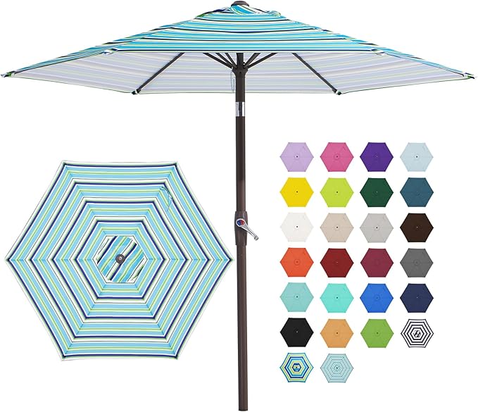 JEAREY 7.5FT Patio Umbrella Market Table Umbrella with 6 Sturdy Ribs, Push Button Tilt/Crank Outdoor Umbrella for Garden, Deck, Backyard, Pool and Porch,Elegant Blue-White