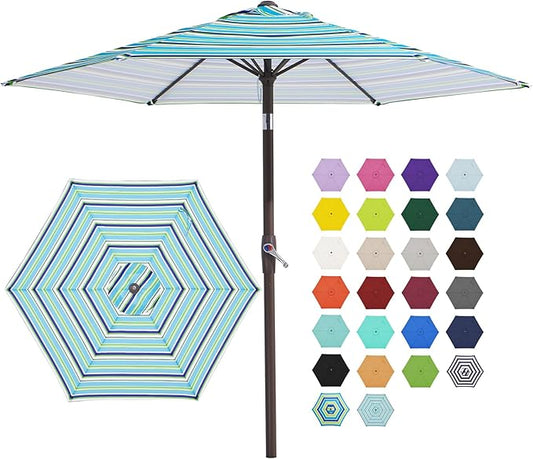 JEAREY 7.5FT Patio Umbrella Market Table Umbrella with 6 Sturdy Ribs, Push Button Tilt/Crank Outdoor Umbrella for Garden, Deck, Backyard, Pool and Porch,Elegant Blue-White