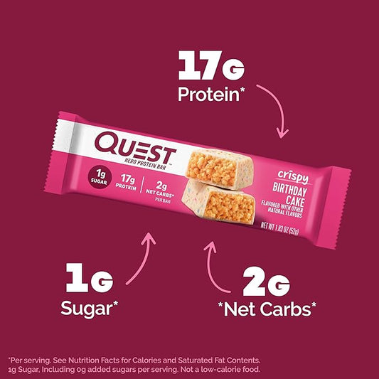 Quest Nutrition Crispy Birthday Cake Hero Protein Bar, 17g Protein, 1g Sugar, 2g Net Carbs, Gluten Free Protein Snack, Keto Friendly, 4 Count
