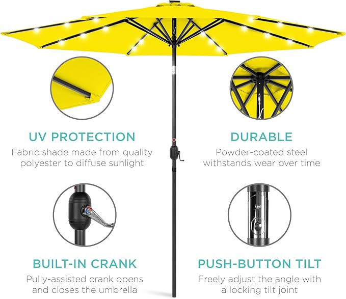 Best Choice Products 10ft Solar Polyester LED Lighted Patio Umbrella w/Tilt Adjustment and UV-Resistant Fabric - Yellow