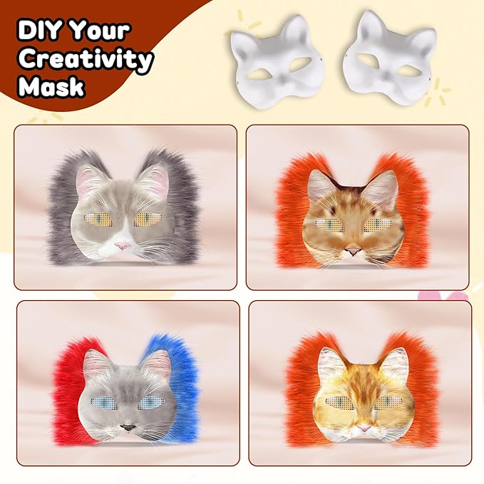 Cat Mask with Eye Mesh Fur Beard and Felt Fabric Sheet,98 PCS DIY Animal Mask Kit Cat Masks to Paint Blank Animal Dress Up Masks,DIY Face Mask Costume for Masquerade,Halloween Party,Cosplay