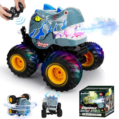 Remote Control Car for Boys 4-7 8-12, Dinosaur Monster Truck Toys with 50min+ Runtime, Spray, LED Light, 360° Rotating & 90° Driving, RC Stunt Car for Kids Birthday