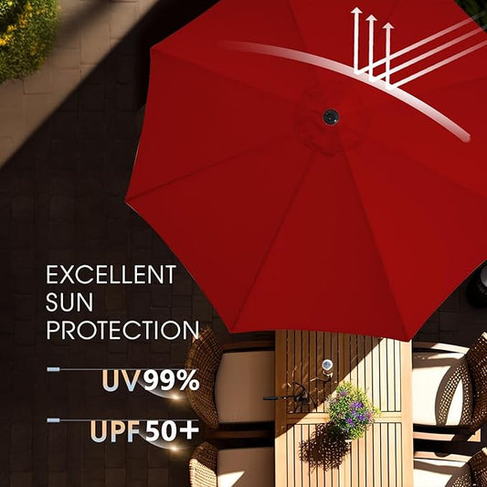 wikiwiki 9 FT Patio Umbrellas Outdoor Table Market Umbrella with Push Button Tilt/Crank, 8 Sturdy Ribs, Fade Resistant Waterproof POLYESTER DTY Canopy for Garden, Lawn, Backyard & Pool, Burgundy Red