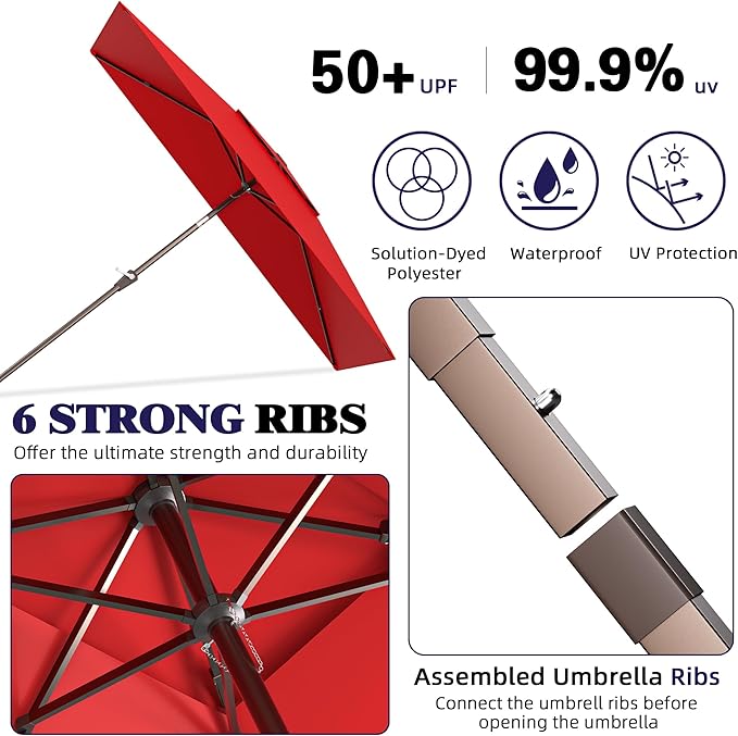 6.6x10ft Rectangular Patio Umbrella, 2 Tiers Outdoor Table Umbrellas with Push Button Tilt and Crank for Patio, Pool, Backyard, Deck, Picnic, Yard (Wine Red)