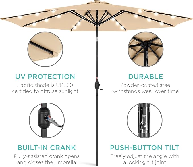 Best Choice Products 10ft Solar Polyester LED Lighted Patio Umbrella w/Tilt Adjustment and UV-Resistant Fabric - Sand