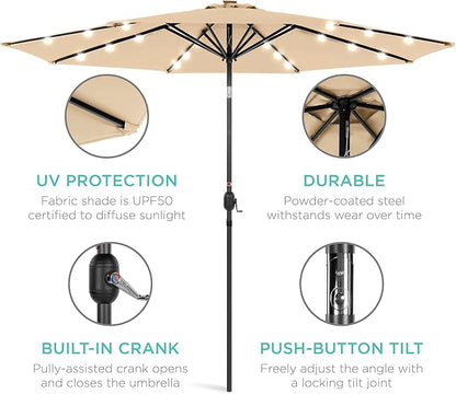 Best Choice Products 10ft Solar Polyester LED Lighted Patio Umbrella w/Tilt Adjustment and UV-Resistant Fabric - Sand