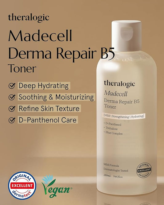 Madecell Derma Repair B5 Toner - Inner Skin Moisturizing & Soothing Essence Toner for Sensitive Skin with Dexpantenol & Madecassoside - Hypoallergenic, Vegan, Fragrance Free, 9.48 fl.oz.