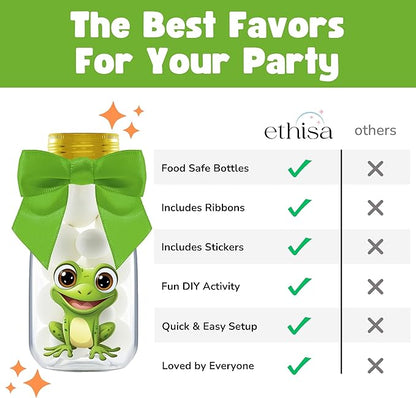 Small 12 Pack Frog Party Favors - DIY Candy Jars with Ribbons and Stickers - Party Decoration Bottles for Birthday, School Classroom, and Baby Shower - Toad Theme Table Centerpiece for Kids