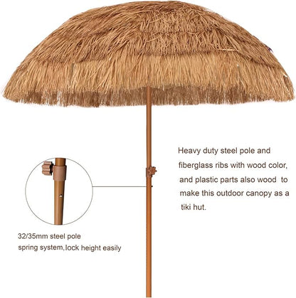 AMMSUN 7.5ft Hula Thatched Tiki Patio Beach Umbrella Hawaiian Style 10 Ribs UPF 50+ with Tilt Carry Bag for Outdoor Tiki Bar, Tropical Palapa, Patio Garden Beach Pool Backyard Natural Color