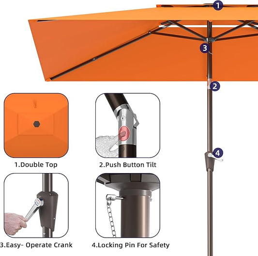 6.6x10ft Rectangular Patio Umbrella, 2 Tiers Outdoor Table Umbrellas with Push Button Tilt and Crank for Patio, Pool, Backyard, Deck, Picnic, Yard (Orange)