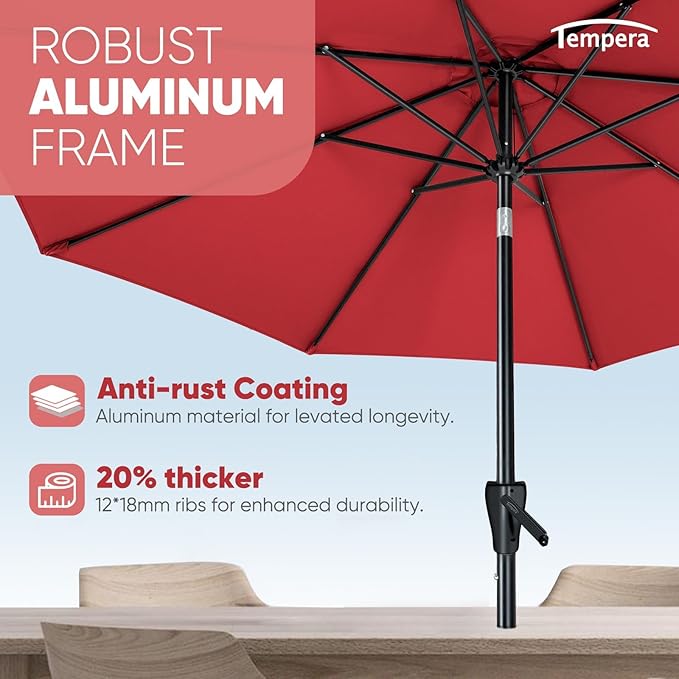 Tempera Patio Market Outdoor Table Umbrella with Push Button Tilt and Crank,Large Sun Umbrella with Sturdy Pole&Fade resistant canopy,Easy to set