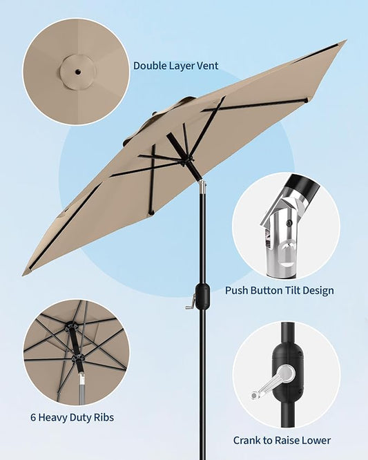 7.5FT Patio Umbrella Outdoor, Market Umbrella, Table Umbrella with Push Button Tilt and Crank, 6 Sturdy Ribs UV Protection Waterproof for Garden, Pool, Deck, Backyard (Tan)