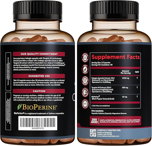 Fadogia Agrestis 15,000mg + Tongkat Ali 100,000mg + BioPerine® [Highest Purity] - Supports Stamina, Strength, Muscle Health & Recovery, Drive & Performance - Non-GMO & Made in USA - 120 capsules