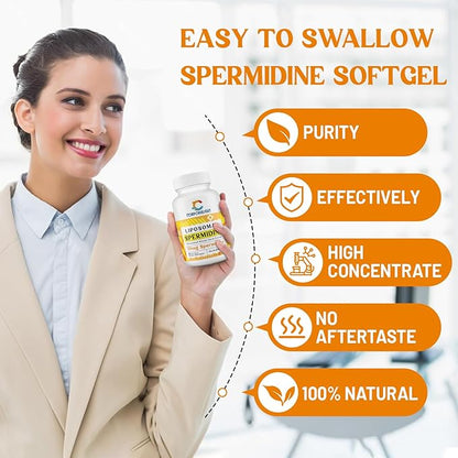 30mg Spermidine Supplement, Liposomal Spermidine, High Absorption, More Potent Than Spermidine 3HCL, Fermented Wheat Germ Extract, Spermidine for Women & Men, Cellular Renewal, Longevity, 180 Softgels