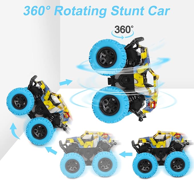 M SANMERSEN Monster Truck Toys for Ages 2-4, Friction Cars for Toddlers 1-3 Push and Go 360° Rotating Stunt Car for 2+ Year Old Boys Girls Gifts (2 Pack - Blue and Green)