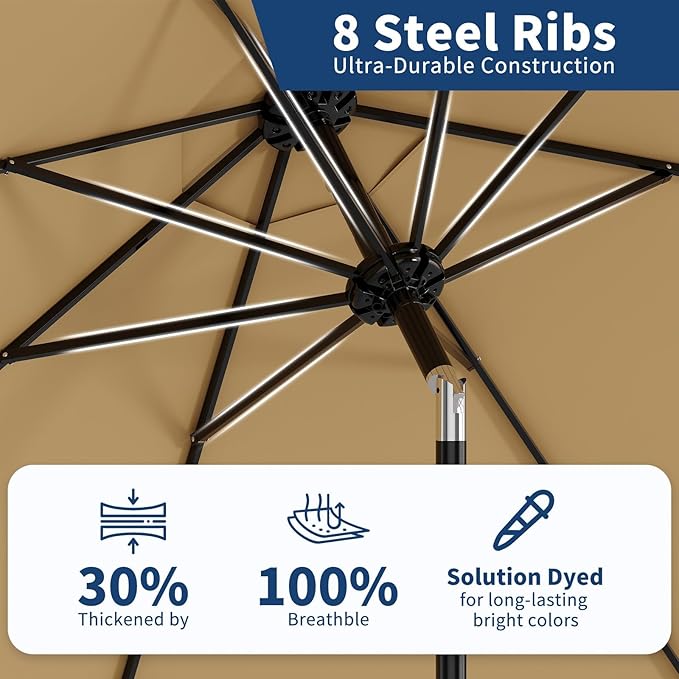 9Ft Patio Umbrella - 8 Sturdy Ribs Outdoor Table Umbrella with Crank Lift & Push Button Tilt - Market Umbrella for Pool, Deck, Yard, Garden - Tan