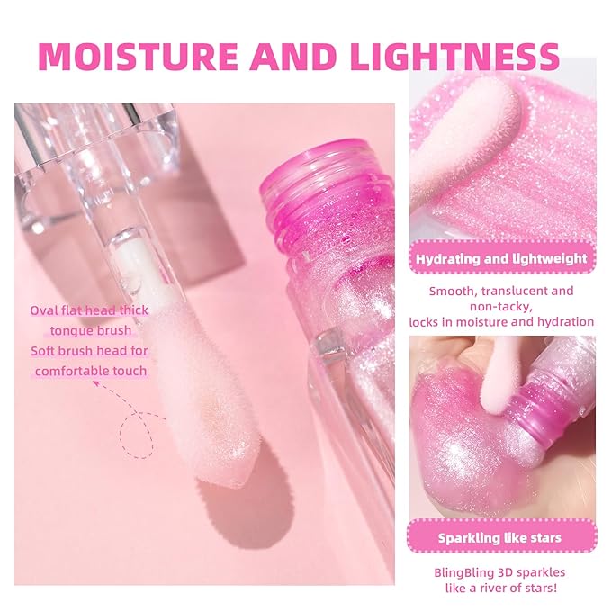 Magic Color Changing Lip Glow, Nourishing Lip Glow Oil Non-Sticky Primer With Large Applicator Brush (Pink)