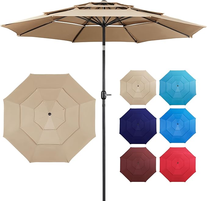 Yaheetech 3-Tier Patio Umbrella 10ft Vented Outdoor Canopy Sun Shade Large Market Table Umbrella Double-layer Cloth & Push-button Tilting for Yard/Garden/Park Tan
