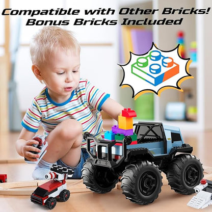 DEERC Amphibious Remote Control Car Monster Truck Toys Waterproof RC Stunt Cars for Boys 8-12 Toys W/Blocks & 360°Spin, 4WD All-Terrain Off-Road Pickup RC Truck 2.4Ghz 60+ Min Playtime Pool Toy Gift