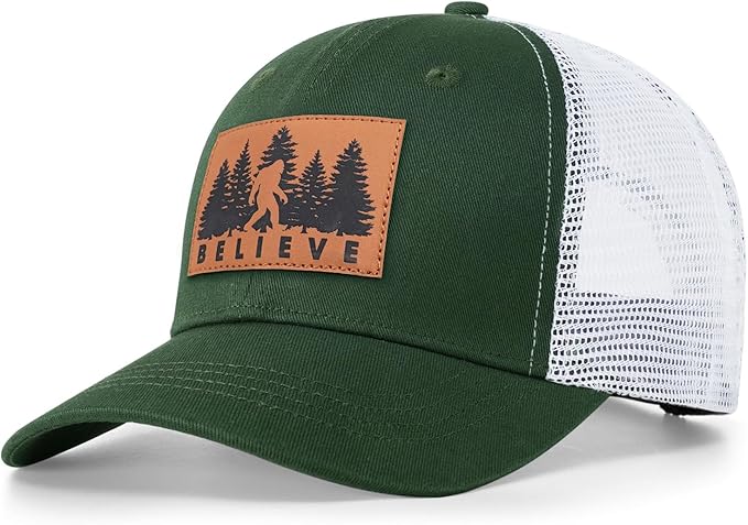 Mesh Bigfoot Hat Leather Cap for Men- Great Snapback Closure Sasquatch Hat for Hunting & Hiking