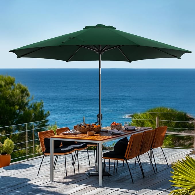 wikiwiki 9 FT Patio Umbrellas Outdoor Table Market Umbrella with Push Button Tilt/Crank, 8 Sturdy Ribs, Fade Resistant Waterproof POLYESTER DTY Canopy for Garden, Lawn, Backyard & Pool, Dark Green