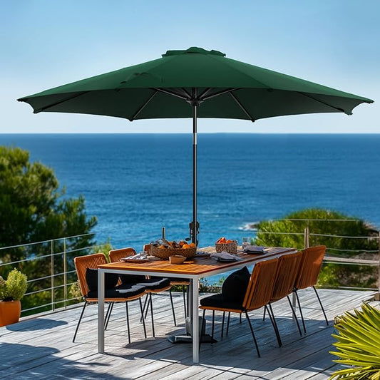 wikiwiki 9 FT Patio Umbrellas Outdoor Table Market Umbrella with Push Button Tilt/Crank, 8 Sturdy Ribs, Fade Resistant Waterproof POLYESTER DTY Canopy for Garden, Lawn, Backyard & Pool, Dark Green