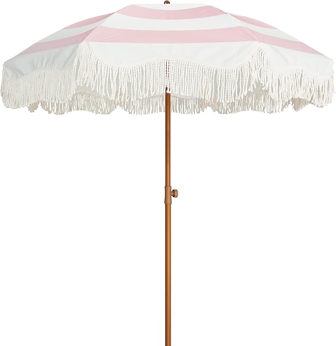 AMMSUN Boho Fringe Umbrella Outdoor Patio, 6.5ft UPF50+ Picnic Umbrella with Tassels with Steel Pole and Push Button Tilt, Pink Stripes
