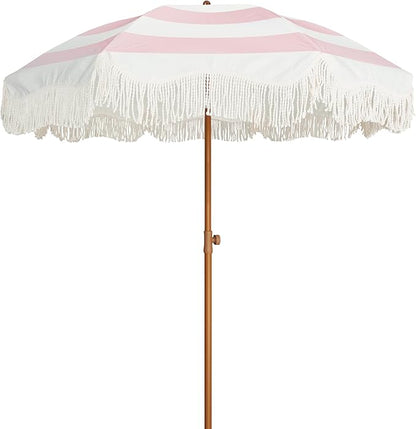 AMMSUN Boho Fringe Umbrella Outdoor Patio, 6.5ft UPF50+ Picnic Umbrella with Tassels with Steel Pole and Push Button Tilt, Pink Stripes