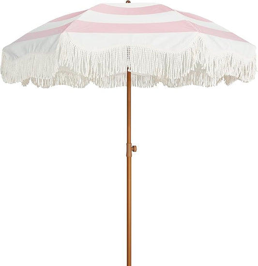 AMMSUN Boho Fringe Umbrella Outdoor Patio, 6.5ft UPF50+ Picnic Umbrella with Tassels with Steel Pole and Push Button Tilt, Pink Stripes