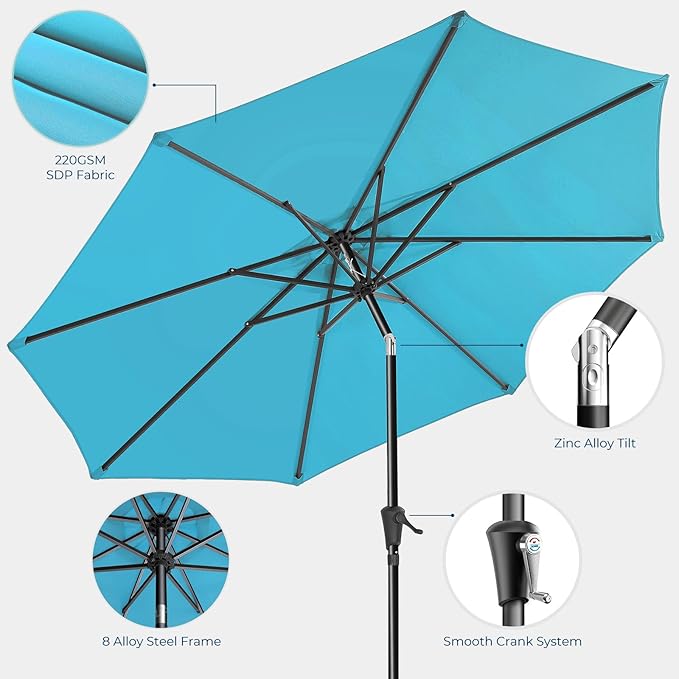 9ft Outdoor Patio Umbrella - UPF50+ UV Protection Market Patio Table Umbrella with Push Button Tilt, Crank and 8 Sturdy Ribs for Pool Deck and Garden (Light Blue, No base)