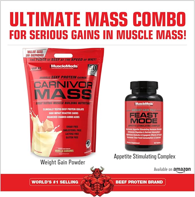 MuscleMeds Carnivor Mass Anabolic Beef Protein Gainer, Vanilla Caramel, 10 Pounds