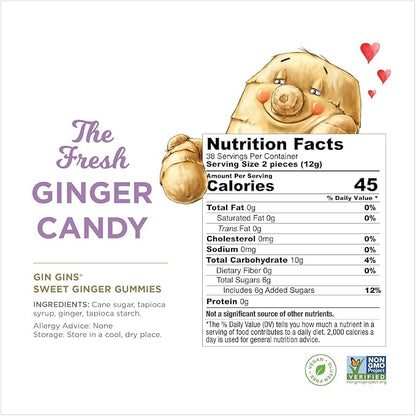 GIN GINS Sweet Ginger Gummies – Natural Fresh Ginger Candy by The Ginger People – Sweet Ginger Gummies Flavor – Large 1 lb Bag (16oz) – Pack of 1