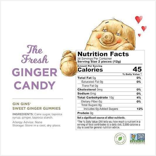 GIN GINS Sweet Ginger Gummies – Natural Fresh Ginger Candy by The Ginger People – Sweet Ginger Gummies Flavor – Large 1 lb Bag (16oz) – Pack of 1