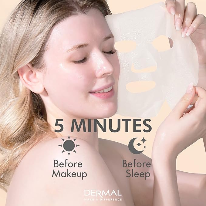 DERMAL Korean Collagen Face Mask – Hydrating & Soothing Sheet Mask with Panthenol – Hypoallergenic Calming Moisture Care for All Skin Types – 32 Combo Pack A+B Set