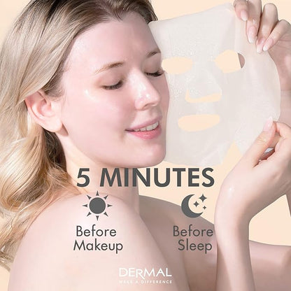 DERMAL Korean Collagen Face Mask – Hydrating & Soothing Sheet Mask with Panthenol – Hypoallergenic Calming Moisture Care for All Skin Types – 32 Combo Pack A+B Set