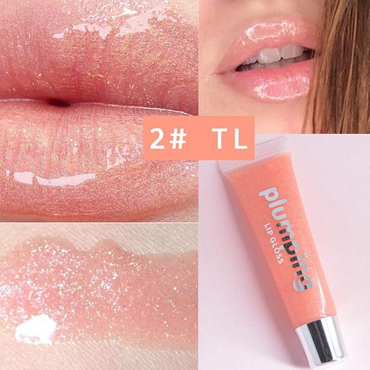 MAEPEOR Glitter Glossy Plumping Lipgloss 9 Colors Moisturizing Lip Plumper Shiny Jelly Lip Gloss Natural Liquid Lipstick for Women and Girls (Glitter Glossy, 02#Peachy Pink)