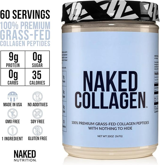 Naked Collagen Peptides Protein Powder, 60 Servings, Pasture-Raised, Unflavored Grass-Fed Hydrolyzed Collagen Supplement, Paleo Friendly, Non-GMO, Keto, Gluten Free, 20oz