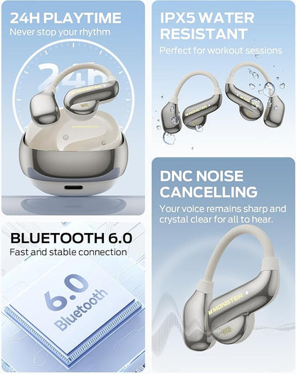 Monster Open Ear AC390 Headphones, Bluetooth 6.0 Earbuds with Stereo Sound, Wireless Headphones 24H Playtime, IPX5 Waterproof, Rotating Charging Case with Lanyard, Ultra-Light Open Ear Earbuds