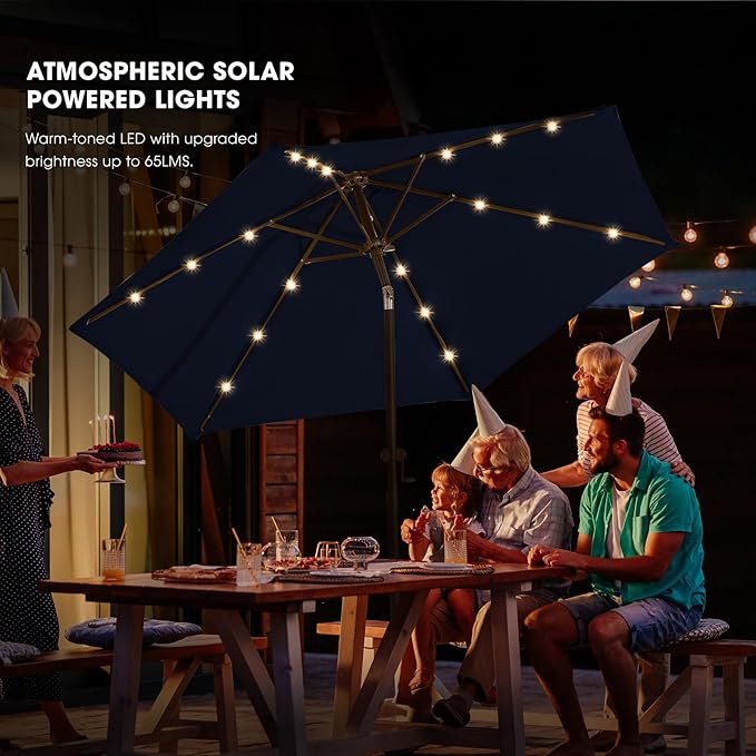 wikiwiki 7.5ft Solar Led Patio Umbrella, Sturdy Outdoor Market Umbrella for Deck, Pool, Garden w/Tilt, Crank, 18 LED Lights, Navy Blue